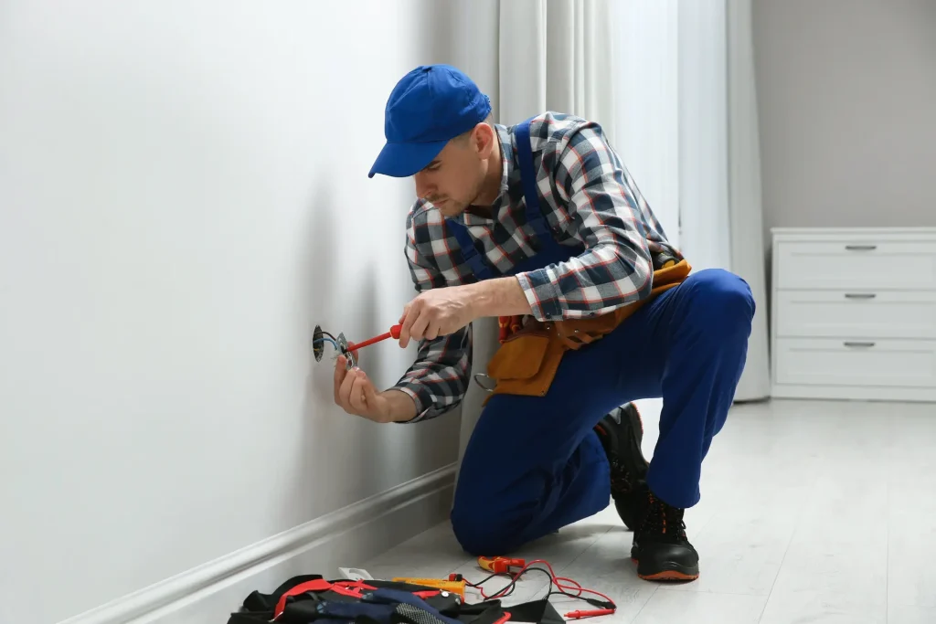 Man repairing wall inside house