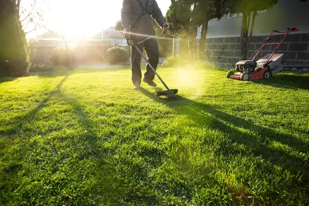 Man mowing lawn in backyard