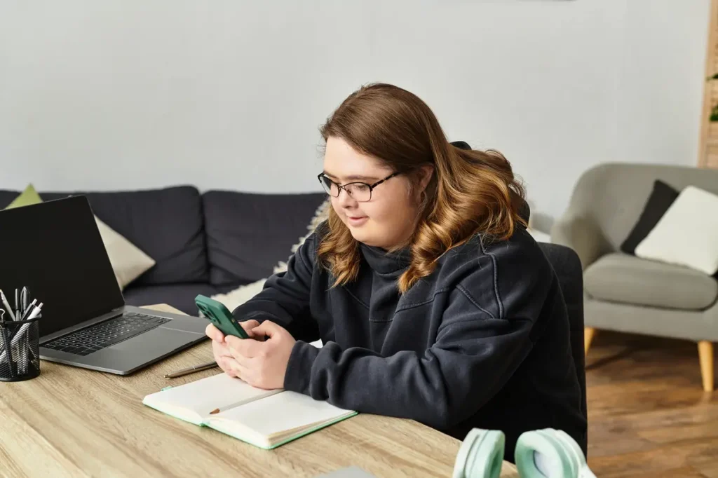 Disabled girl smiling while using phone to contact Life Improvements